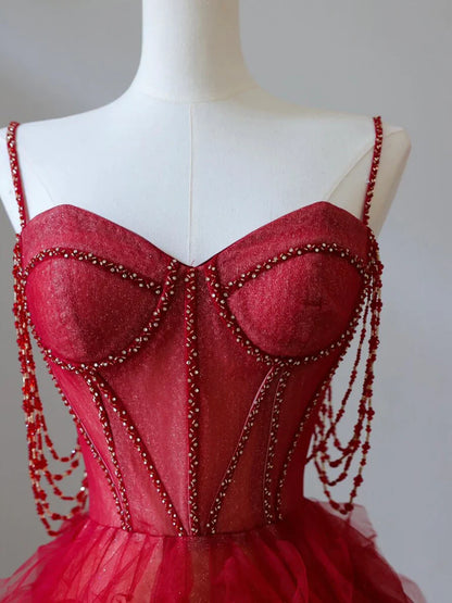 A-Line Sweetheart Neck Tulle Beads Burgundy Long Prom Dress, Burgundy Evening Dress ED0665