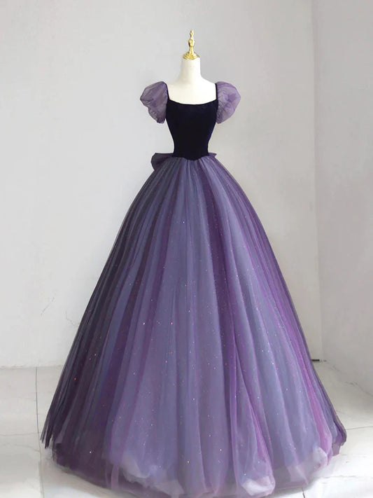 A-Line Puff sleeves Tulle Velvet Purple Long Prom Dress, Purple Long Formal Dress ED0668