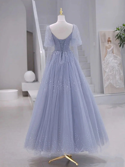A-Line Long sleeves Beading Gray Blue Long Prom Dress, Gray Blue Formal Dress ED0671