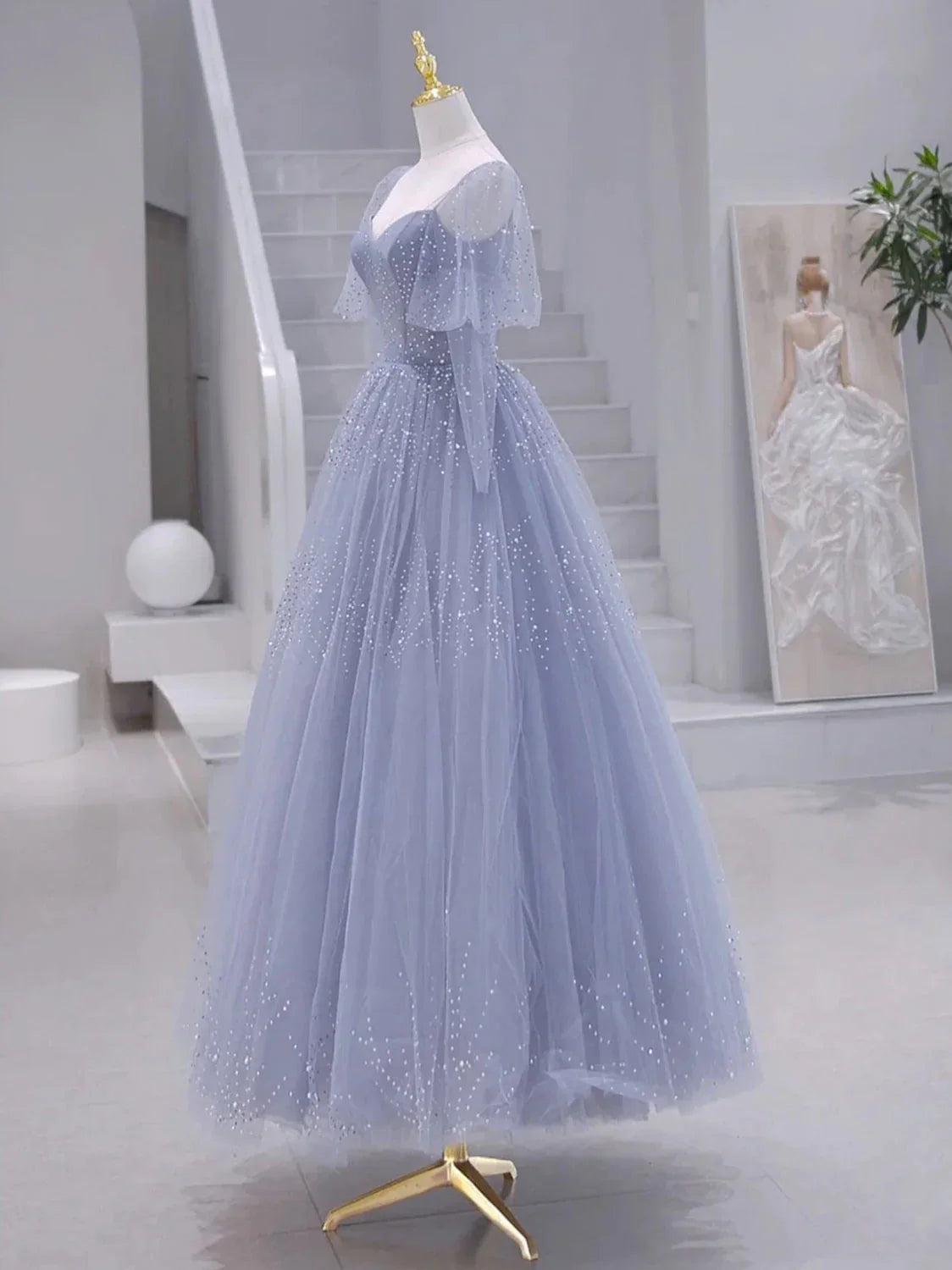 A-Line Long sleeves Beading Gray Blue Long Prom Dress, Gray Blue Formal Dress ED0671