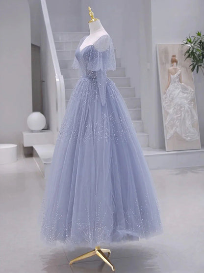 A-Line Long sleeves Beading Gray Blue Long Prom Dress, Gray Blue Formal Dress ED0671
