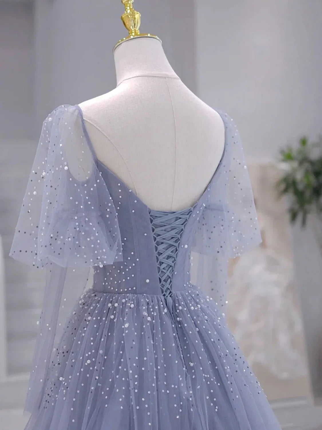 A-Line Long sleeves Beading Gray Blue Long Prom Dress, Gray Blue Formal Dress ED0671