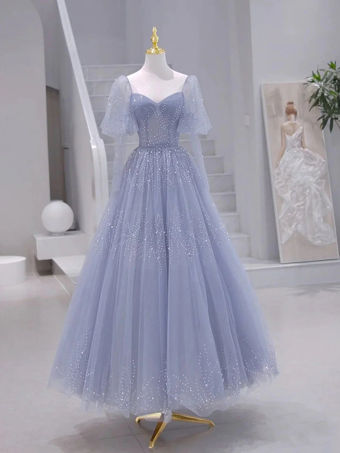 A-Line Long sleeves Beading Gray Blue Long Prom Dress, Gray Blue Formal Dress ED0671