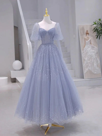 A-Line Long sleeves Beading Gray Blue Long Prom Dress, Gray Blue Formal Dress ED0671