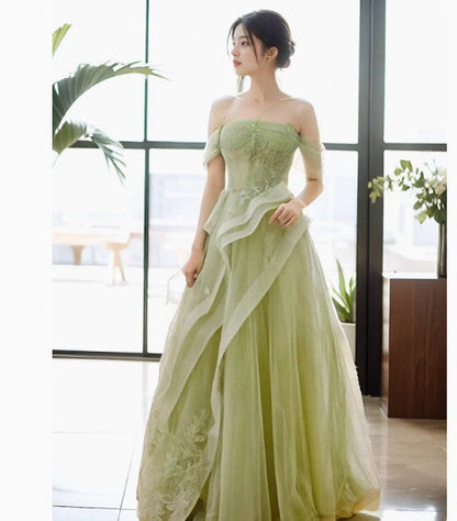 Green Off Shoulder Lace Long Prom Dress, Green Formal Dress ED0673