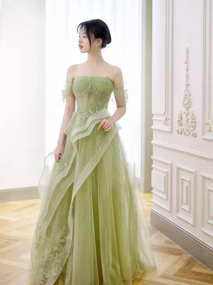Green Off Shoulder Lace Long Prom Dress, Green Formal Dress ED0673