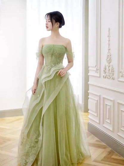 Green Off Shoulder Lace Long Prom Dress, Green Formal Dress ED0673