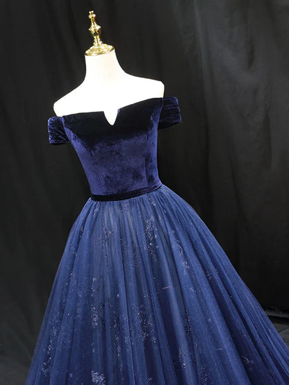 A-Line Blue Tulle velvet Long Prom Dress, Blue Formal Evening Dress ED0675