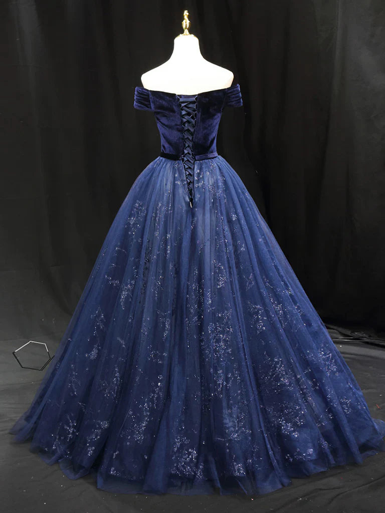 A-Line Blue Tulle velvet Long Prom Dress, Blue Formal Evening Dress ED0675
