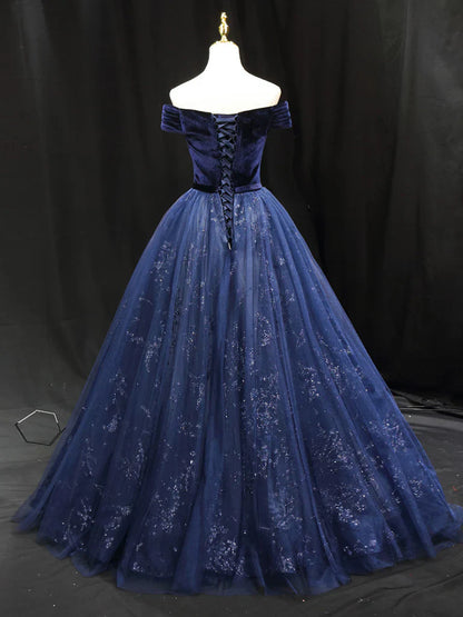 A-Line Blue Tulle velvet Long Prom Dress, Blue Formal Evening Dress ED0675