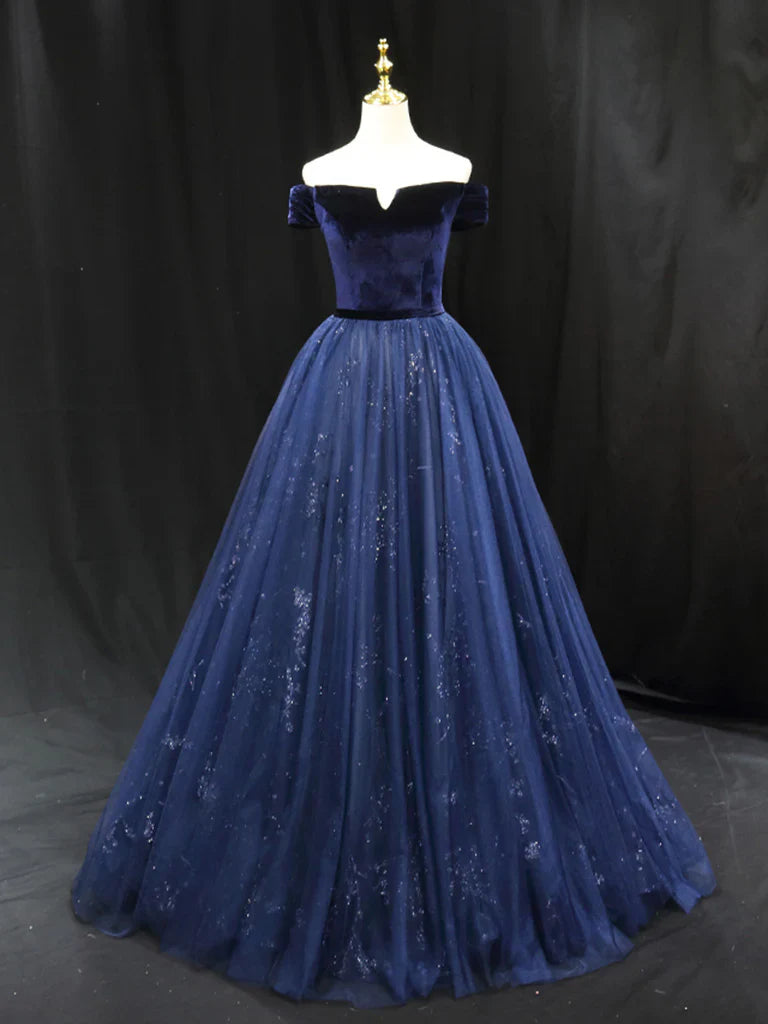 A-Line Blue Tulle velvet Long Prom Dress, Blue Formal Evening Dress ED0675