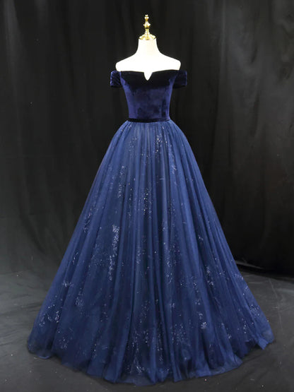 A-Line Blue Tulle velvet Long Prom Dress, Blue Formal Evening Dress ED0675