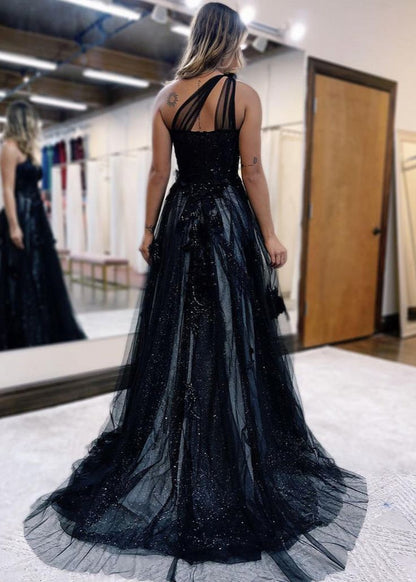 A-Line One Shoulder Tulle Lace Black Prom Dress, Black Long Evening Dress ED0676
