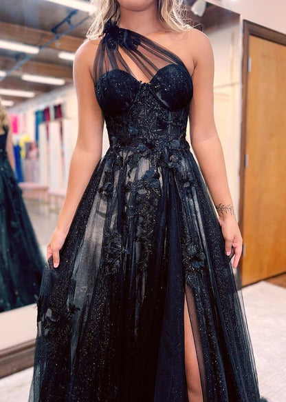 A-Line One Shoulder Tulle Lace Black Prom Dress, Black Long Evening Dress ED0676