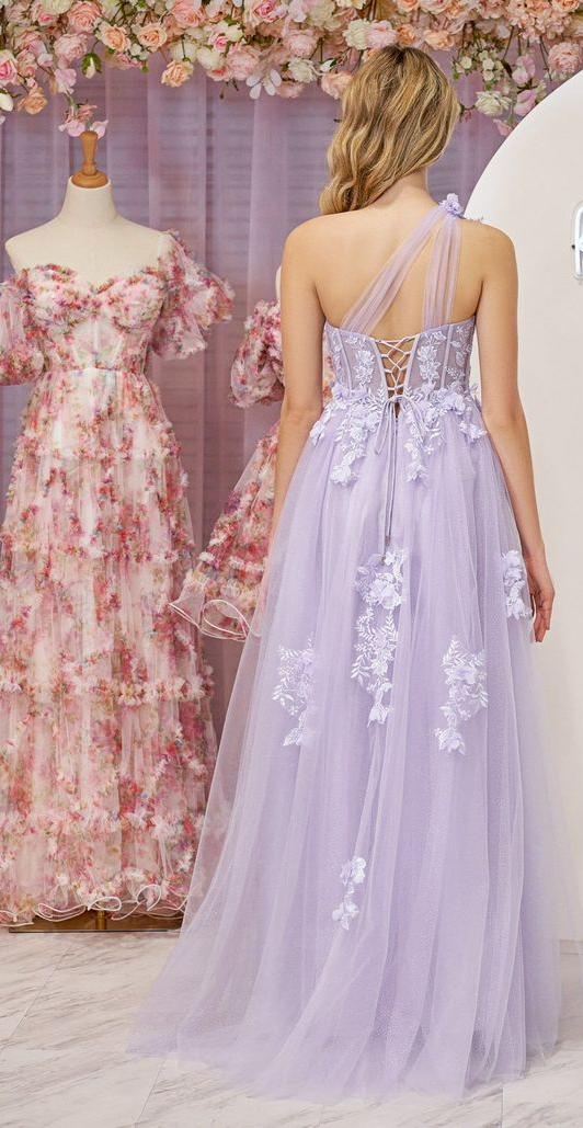 A-Line One Shoulder Tulle Lace Black Prom Dress, Black Long Evening Dress ED0676