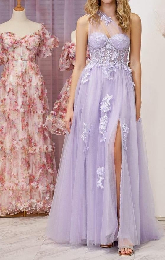 A-Line One Shoulder Tulle Lace Black Prom Dress, Black Long Evening Dress ED0676