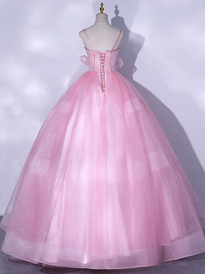 Pink A-Line Tulle Lace Long Prom Dresses, Pink Sweet 16 Dress ED0677