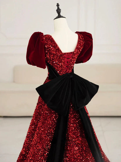 Burgundy V Neck Velvet Sequin Long Prom Dress, Burgundy Formal Dress ED0678