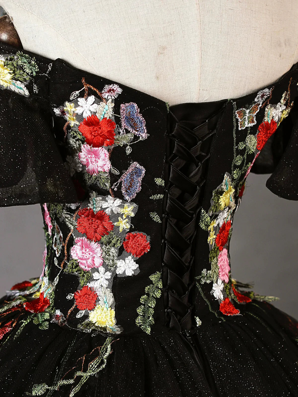 Black Off Shoulder Tulle Lace Long Prom Gown, Black Sweet 16 Dress ED0679