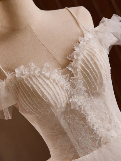White Off Shoulder Tulle Lace Long Prom Dress, White Long Wedding Dress   ED068