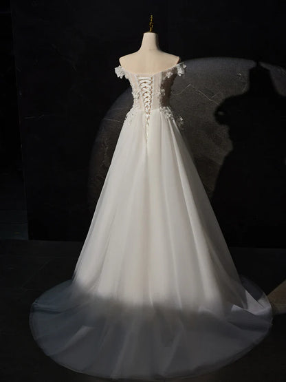 A-Line Off Shoulder Tulle Lace Long Prom Dress, White Lace Long Formal Dress ED0680
