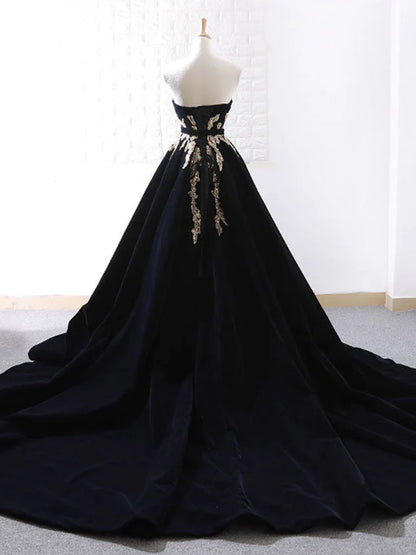 Black Velvet Sweep Train Long Prom Dress, Black Velvet Long Evening Dress ED0682