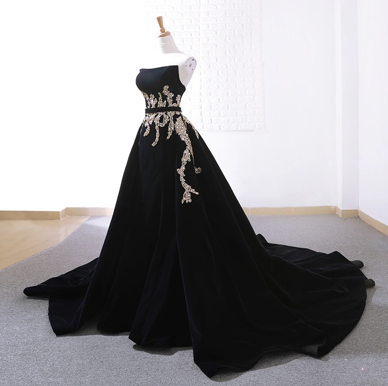 Black Velvet Sweep Train Long Prom Dress, Black Velvet Long Evening Dress ED0682