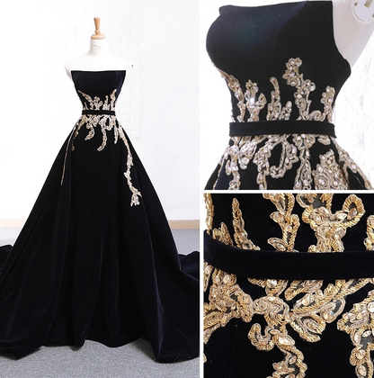 Black Velvet Sweep Train Long Prom Dress, Black Velvet Long Evening Dress ED0682