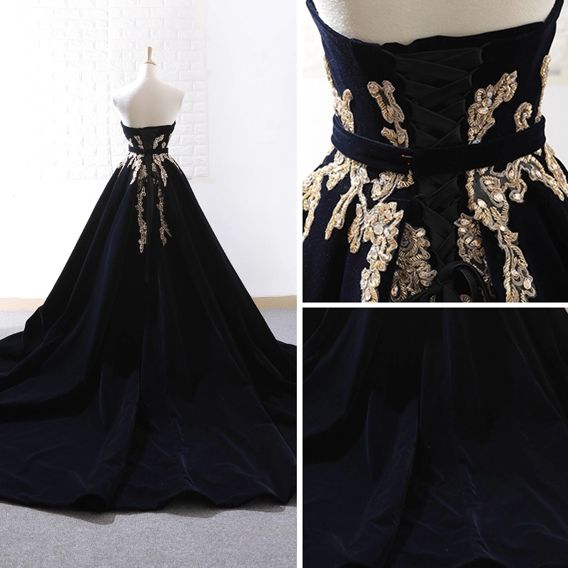 Black Velvet Sweep Train Long Prom Dress, Black Velvet Long Evening Dress ED0682