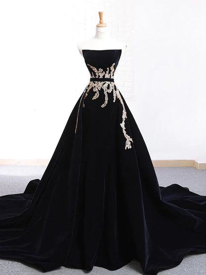 Black Velvet Sweep Train Long Prom Dress, Black Velvet Long Evening Dress ED0682