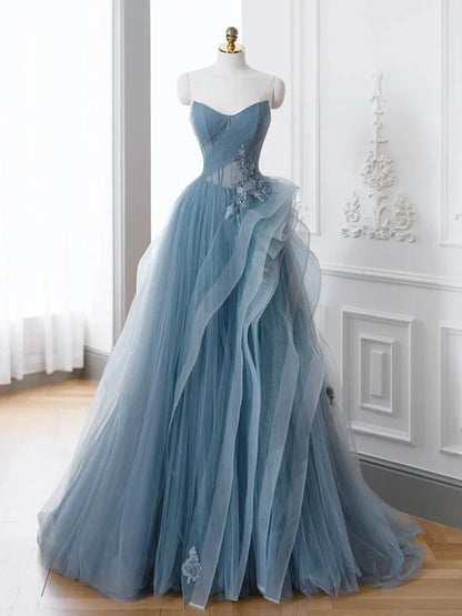 Gray Blue Tulle Lace Long Prom Dress, Gray Blue Formal Dress ED0683