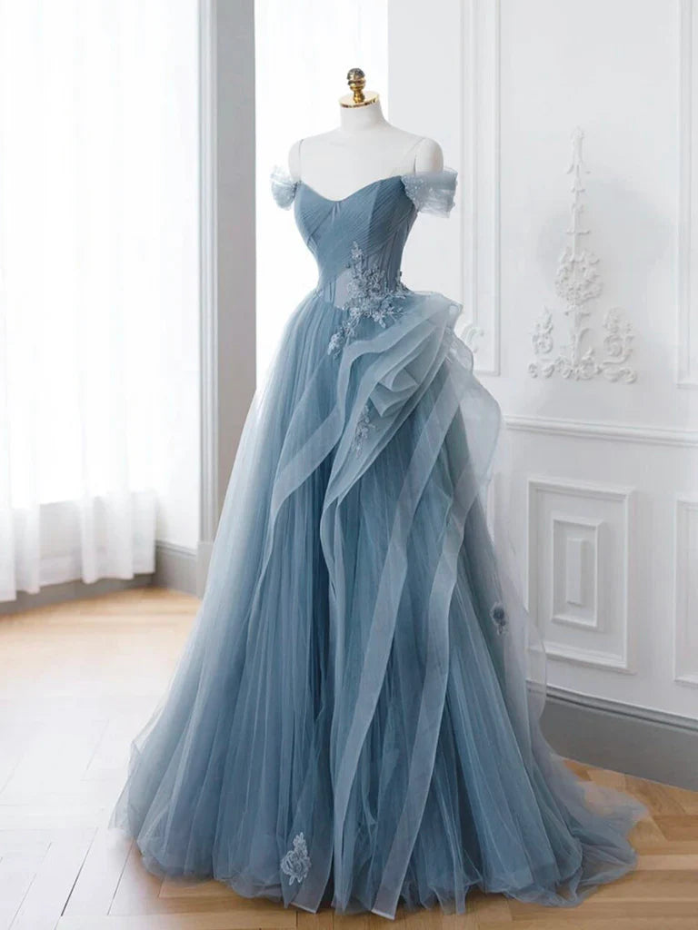 Gray Blue Tulle Lace Long Prom Dress, Gray Blue Formal Dress ED0683