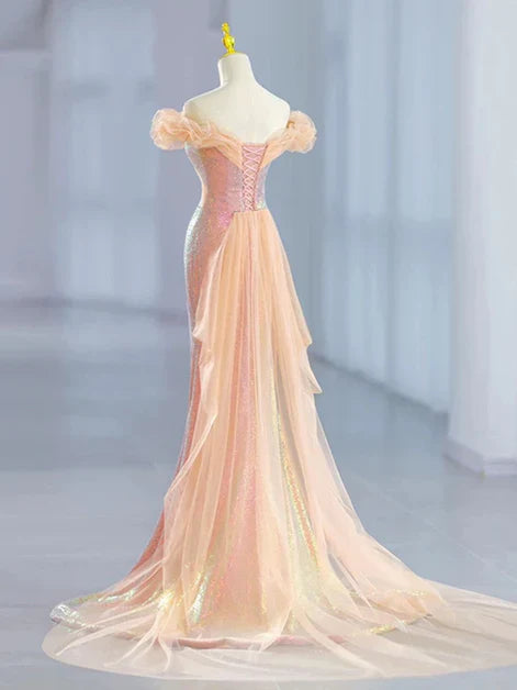 Lovely Mermaid Tulle Off Shoulder Sweetheart Party Dress, Sequins Prom Dress  ED0684