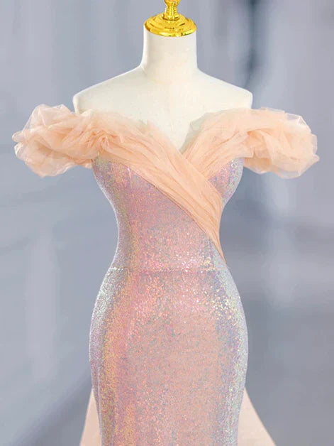 Lovely Mermaid Tulle Off Shoulder Sweetheart Party Dress, Sequins Prom Dress  ED0684