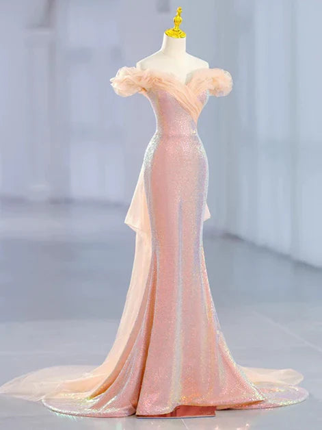 Lovely Mermaid Tulle Off Shoulder Sweetheart Party Dress, Sequins Prom Dress  ED0684