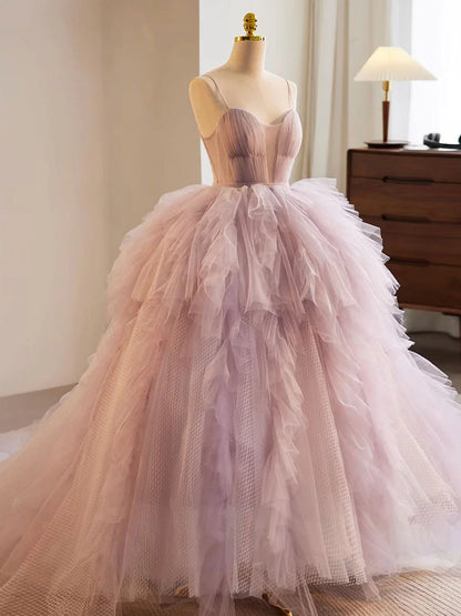 A-Line Sweetheart Neck Tulle Pink Long Prom Dress, Pink Evening Dress ED0687