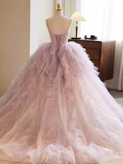 A-Line Sweetheart Neck Tulle Pink Long Prom Dress, Pink Evening Dress ED0687