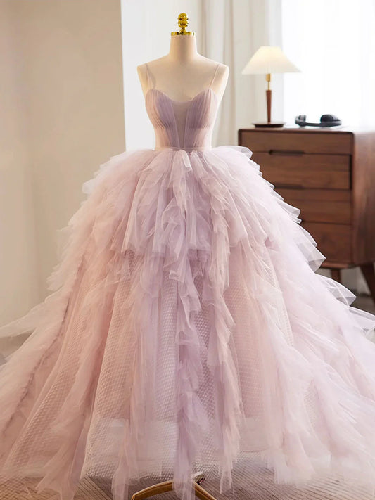 A-Line Sweetheart Neck Tulle Pink Long Prom Dress, Pink Evening Dress ED0687
