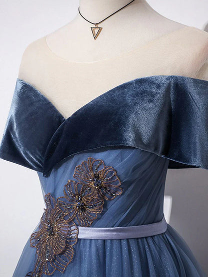 Gray Blue A-Line Tulle Long Prom Dress, Gray Blue Long Formal Dress ED0688