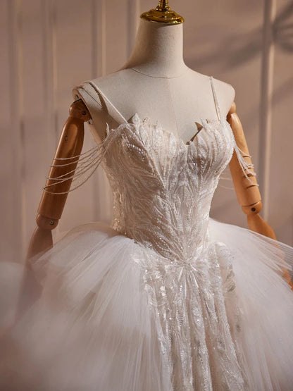 A-Line Sweetheart Neck Tulle Lace Applique Beige Long Prom Dress with Beads   ED069