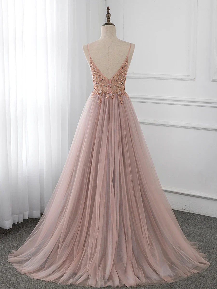 A-Line V Neck Tulle Beading Pink Long Prom Dress. Pink Formal Dress ED0690