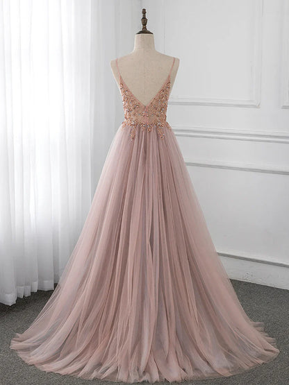 A-Line V Neck Tulle Beading Pink Long Prom Dress. Pink Formal Dress ED0690