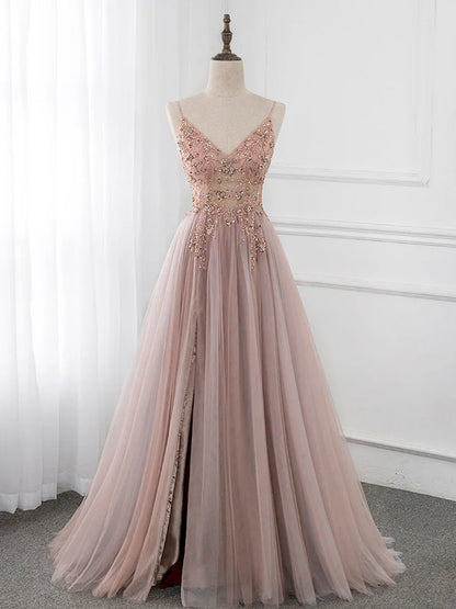 A-Line V Neck Tulle Beading Pink Long Prom Dress. Pink Formal Dress ED0690