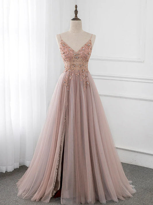 A-Line V Neck Tulle Beading Pink Long Prom Dress. Pink Formal Dress ED0690