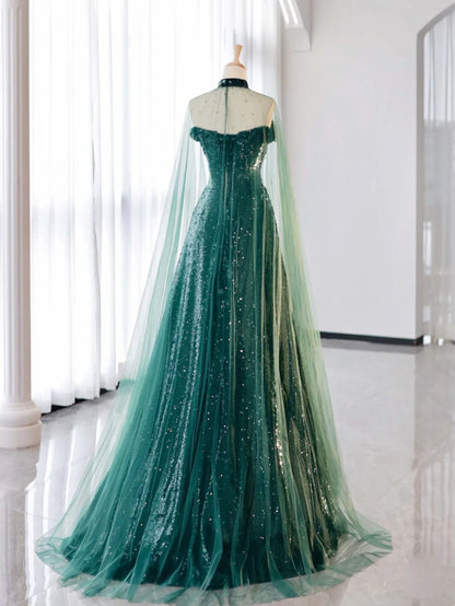 A-Line Tulle Sequin Dark Green Long Prom Dress, Green Formal Evening Dress ED0691
