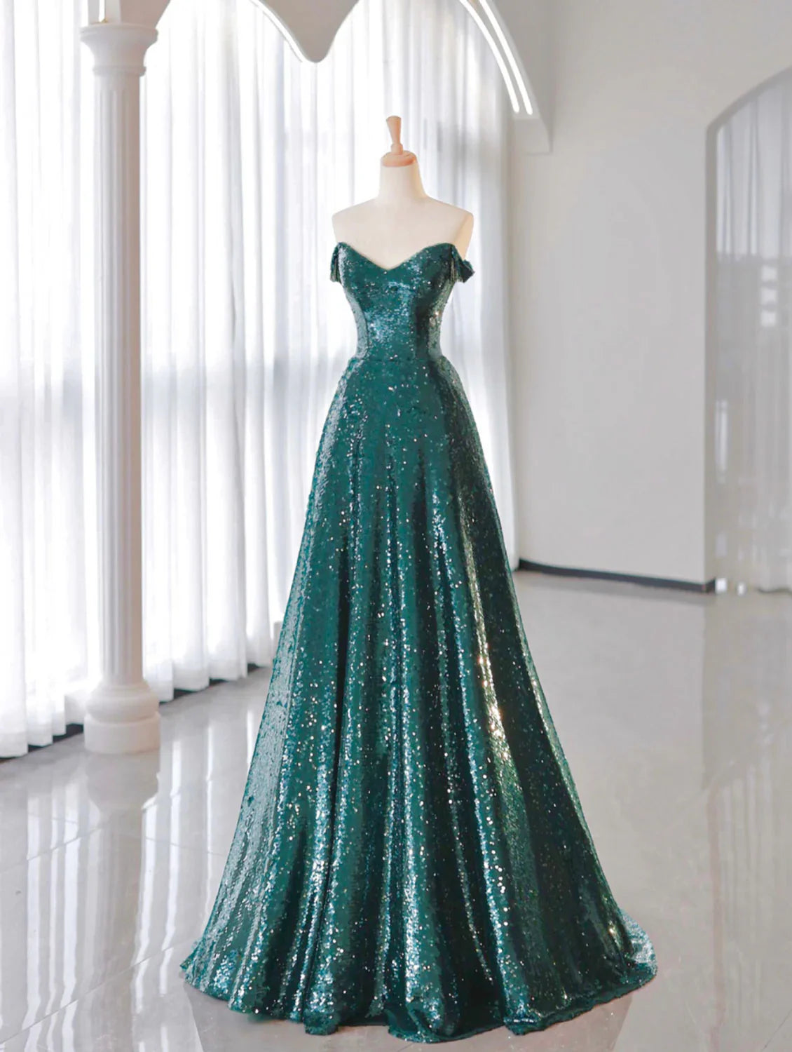 A-Line Tulle Sequin Dark Green Long Prom Dress, Green Formal Evening Dress ED0691