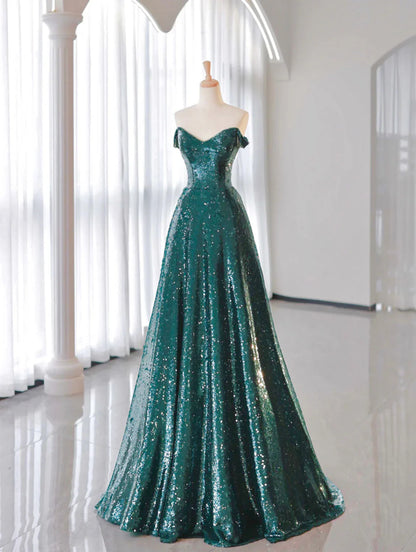 A-Line Tulle Sequin Dark Green Long Prom Dress, Green Formal Evening Dress ED0691
