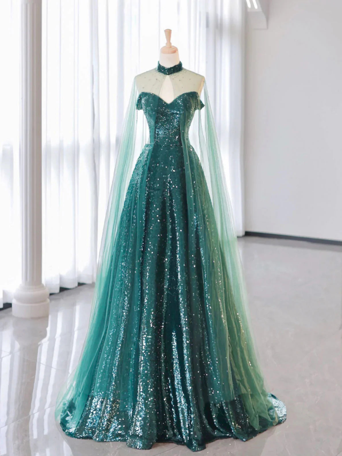 A-Line Tulle Sequin Dark Green Long Prom Dress, Green Formal Evening Dress ED0691
