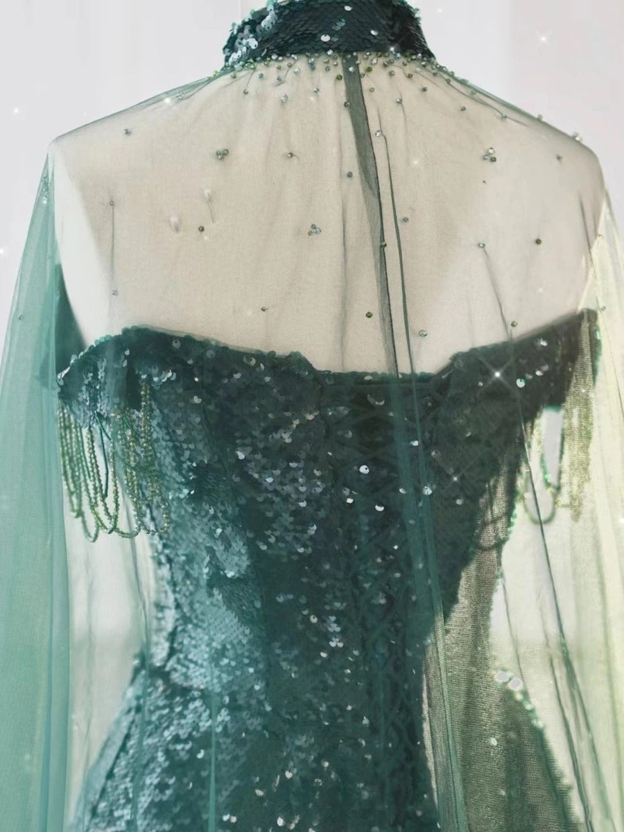 A-Line Tulle Sequin Dark Green Long Prom Dress, Green Formal Evening Dress ED0691