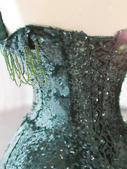 A-Line Tulle Sequin Dark Green Long Prom Dress, Green Formal Evening Dress ED0691